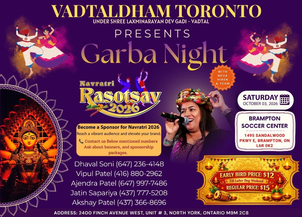 Garba Night — Navratri Rasotsav 2026 at Brampton Soccer Center, October 3