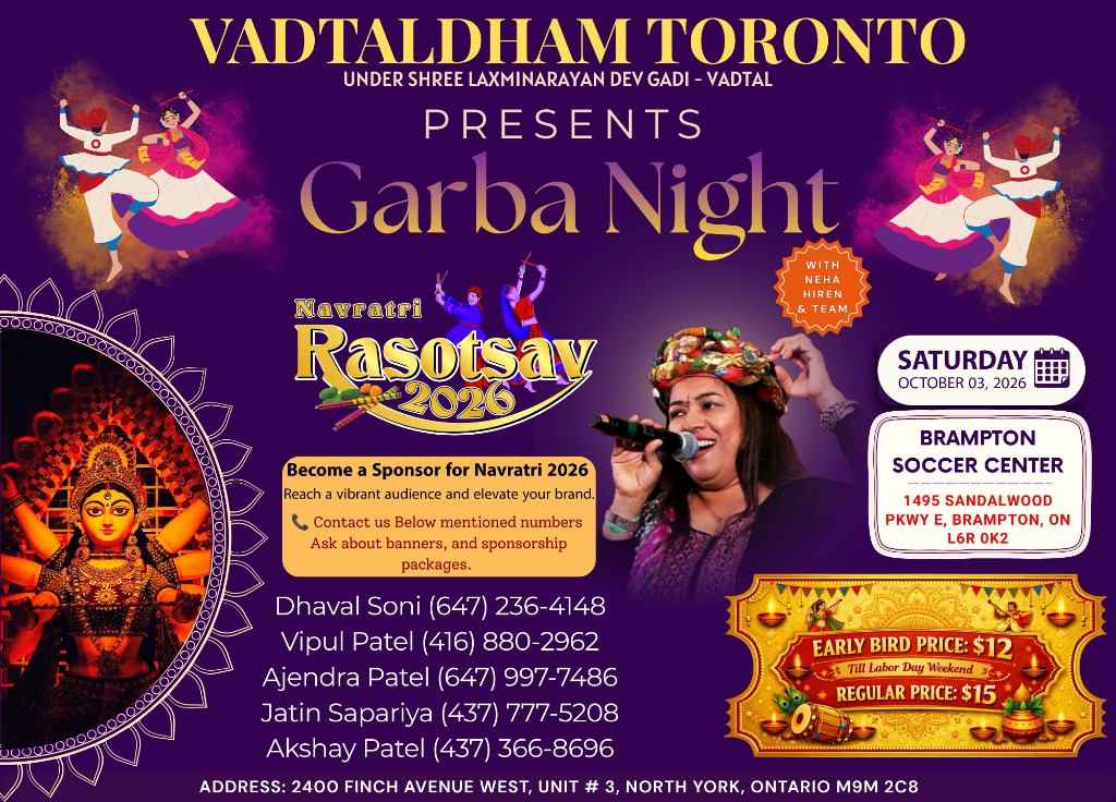 Garba Night — Navratri Rasotsav 2026 at Brampton Soccer Center, October 3
